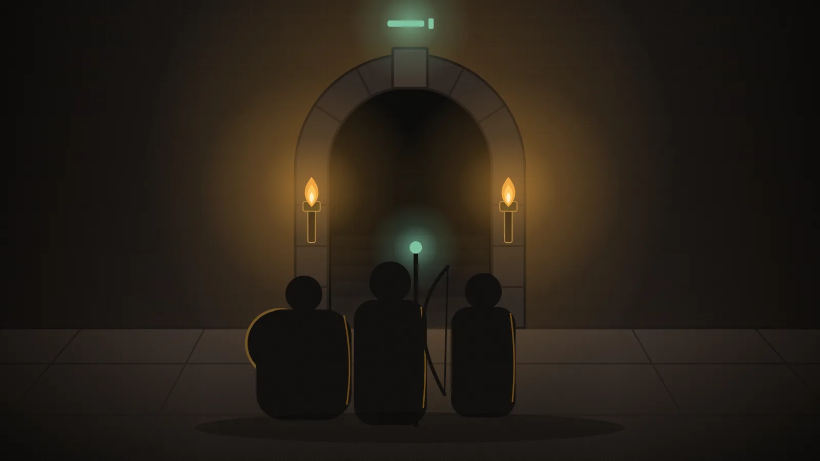 A torchlit stone archway with steps descending into darkness. Three adventurers pause at the threshold, seen from behind. Above the keystone a single glowing rune is shaped like a blank waiting to be filled.