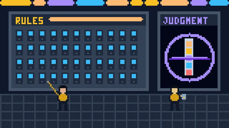 A pixel art wall of identical lit switches labeled Rules beside one lilac porthole labeled Judgment, where an android reads a pool test strip