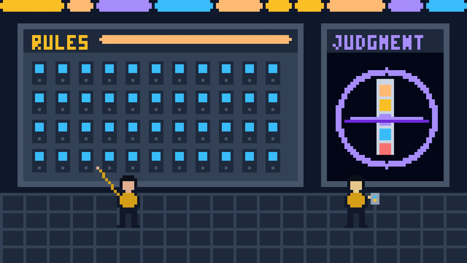A pixel art engineering wall of identical lit switches labeled Rules, and beside it one lilac porthole labeled Judgment where an android reads a pool test strip