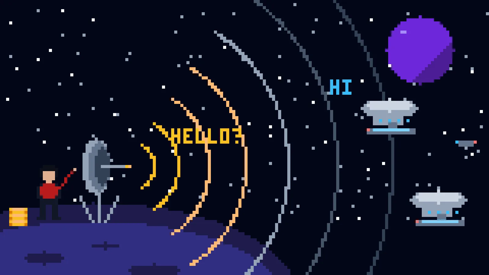 A pixel art captain stands on a small asteroid beside a radio dish that sends amber signal arcs into space with the word Hello, three coins at his feet, while a distant starship answers Hi