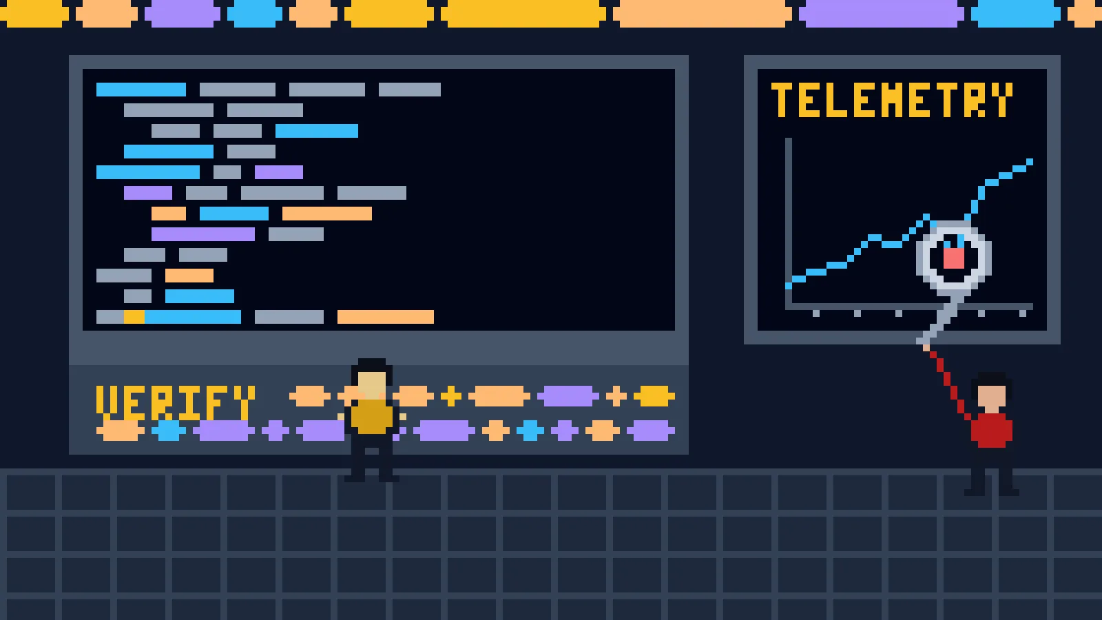 A pixel art android types code on a large console screen while a captain in red studies a telemetry graph on a side screen through a magnifying glass, a red dip under the lens