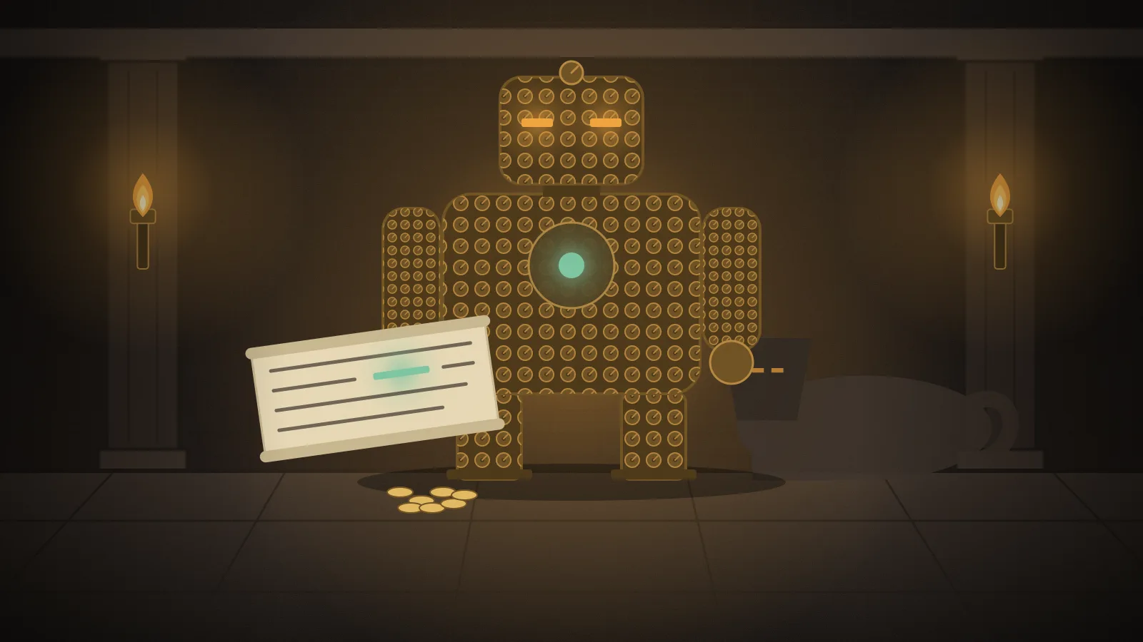 A great stone hall lit by torches. A towering golem stands in the middle, its body made of countless tiny brass dials, holding a scroll with a blank where one word should be.