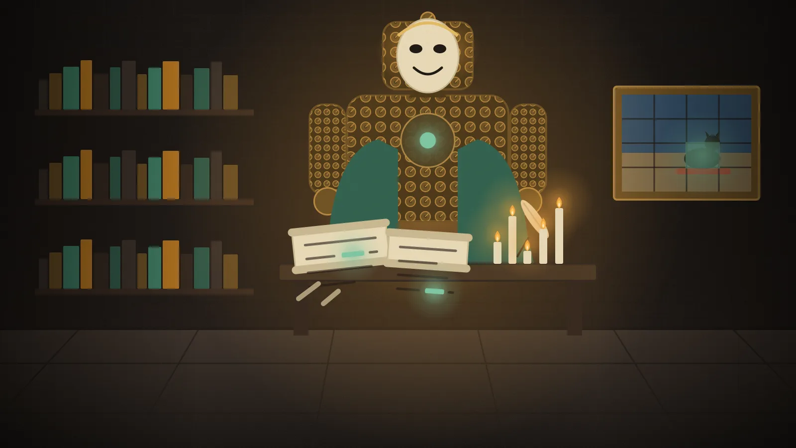 A torchlit wizard's study. The dial-covered golem from Floor 1 stands at a lectern wearing a carnival mask and a helpful assistant's robe, reading from a stack of scrolls while a scratch scroll unfurls beside it.