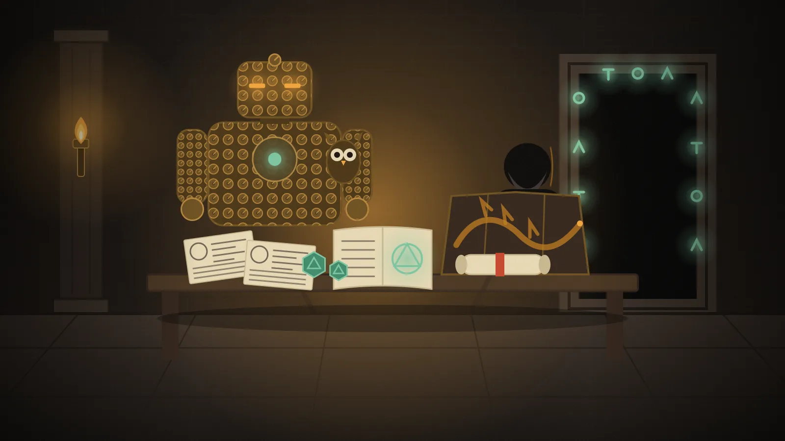 A dungeon master sits behind a wooden screen at a table covered with character sheets, a thick spellbook, and a rolled map. The brass golem sits as a player with a small owl on its shoulder. Glowing runes are carved into the doorframe.