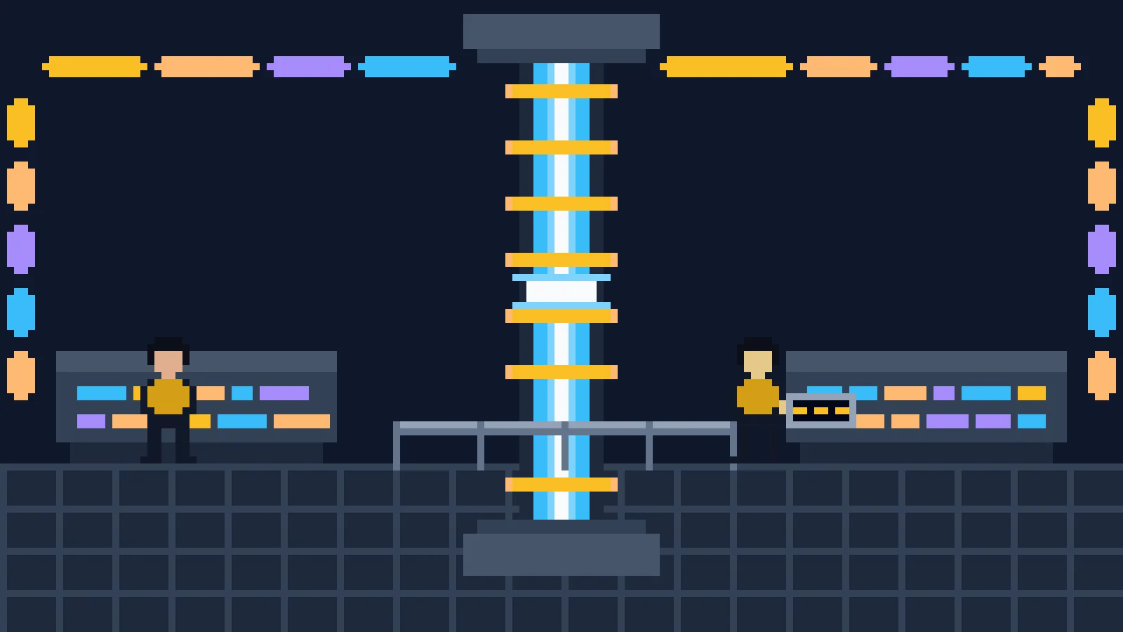 An 8-bit engineering deck: a tall warp core glows blue and white between amber rings, colored console bars line the walls, an engineer works at the left console, and a gold-skinned android in a mustard uniform holds up a padd showing a blank.