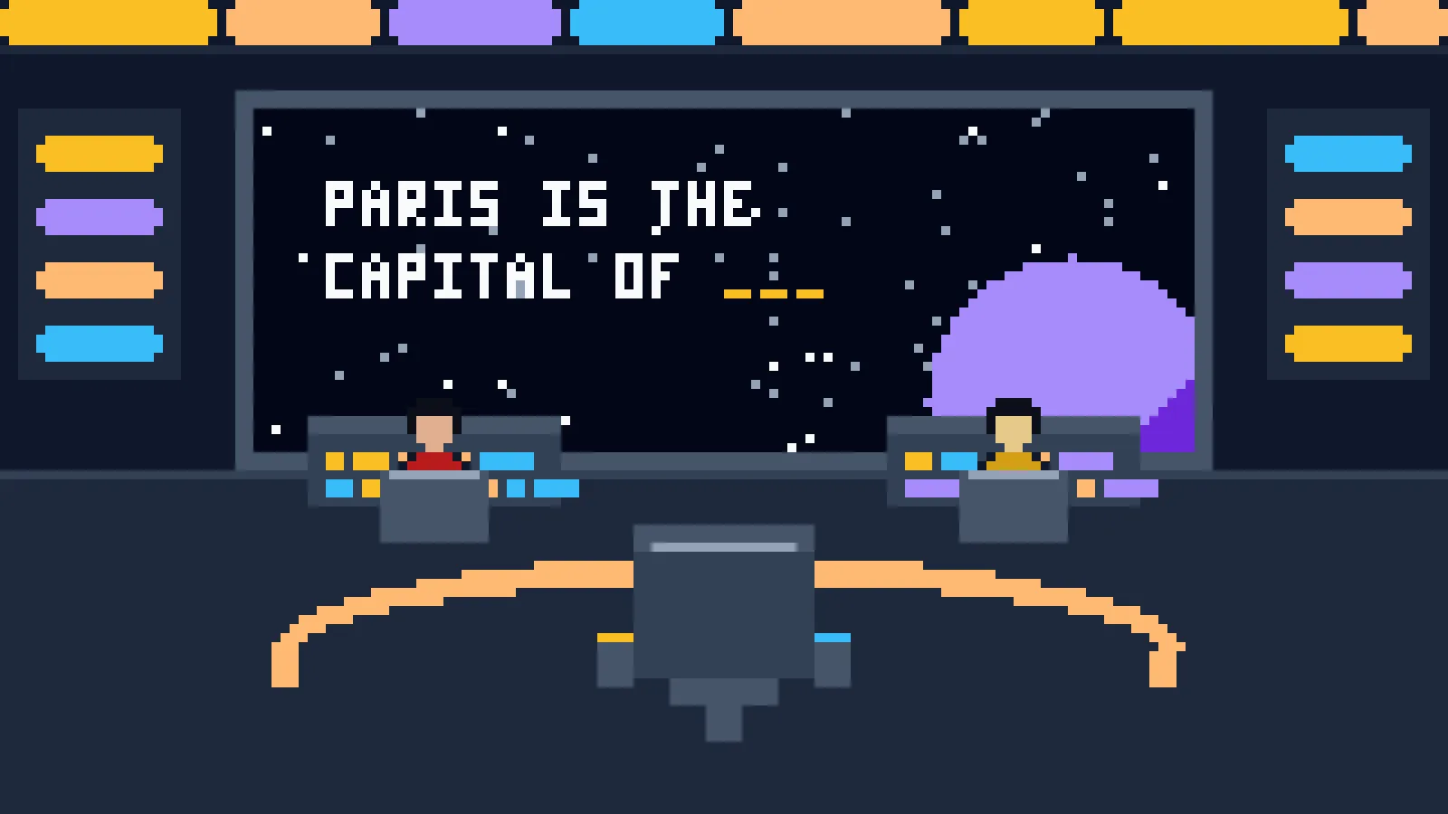 An 8-bit starship bridge seen from behind the captain's chair: two officers at the forward consoles, a peach horseshoe rail, and a wide viewscreen showing stars, a purple planet, and the words PARIS IS THE CAPITAL OF followed by an amber blank.