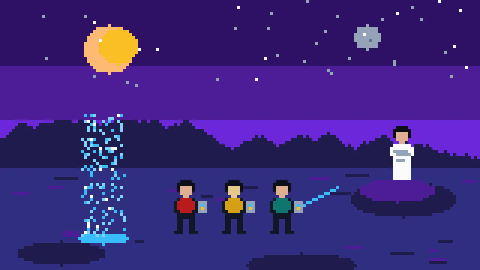 An 8-bit away mission on a purple alien plain under two moons: three officers in red, mustard, and teal uniforms hold tricorders beside a shimmering transporter column, while a figure in white robes watches from a rock.