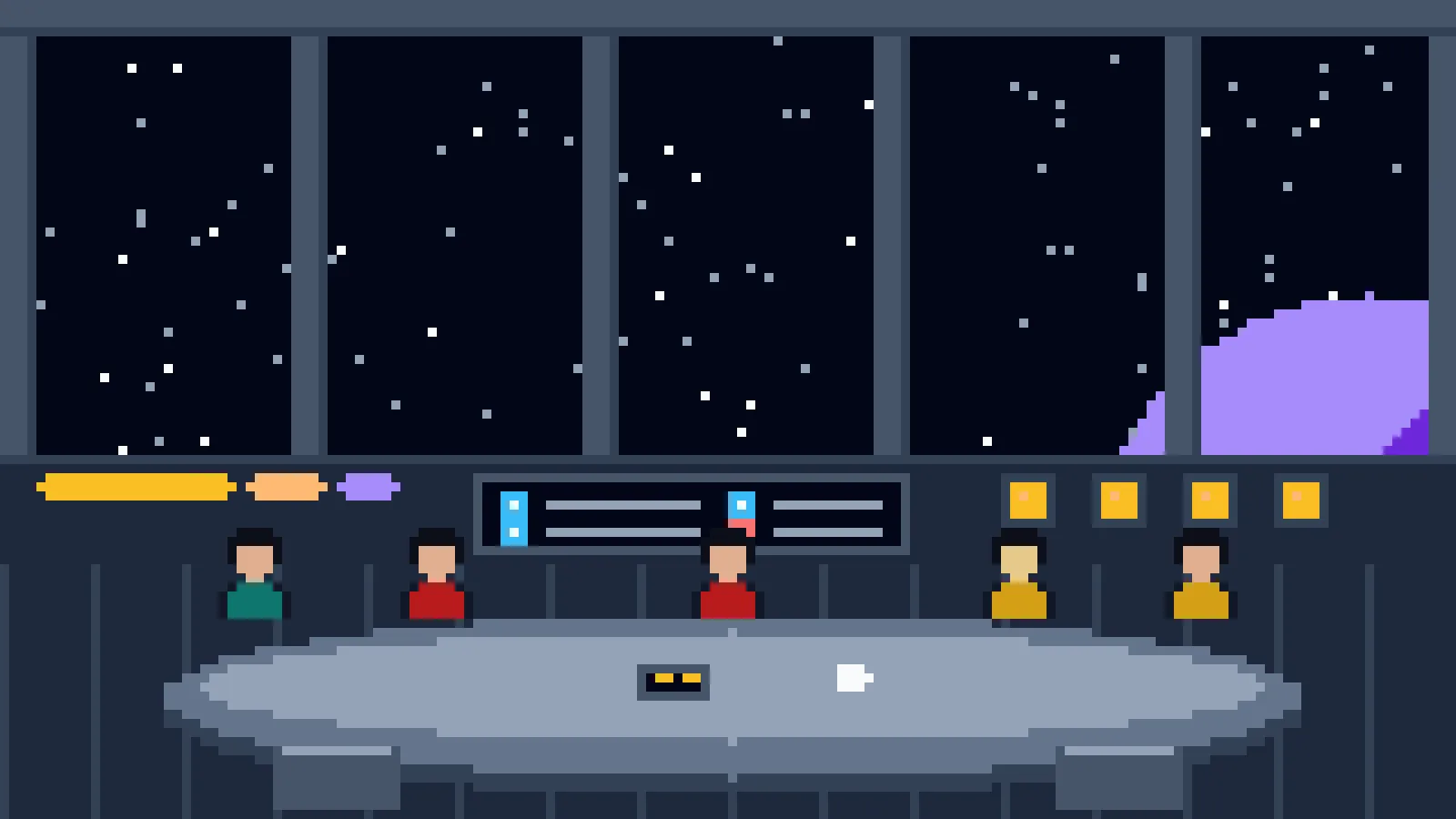 An 8-bit observation lounge: officers around a curved conference table beneath tall windows full of stars, a wall display showing a checklist with amber checks and one red cross, and four lights in a row on the bulkhead.