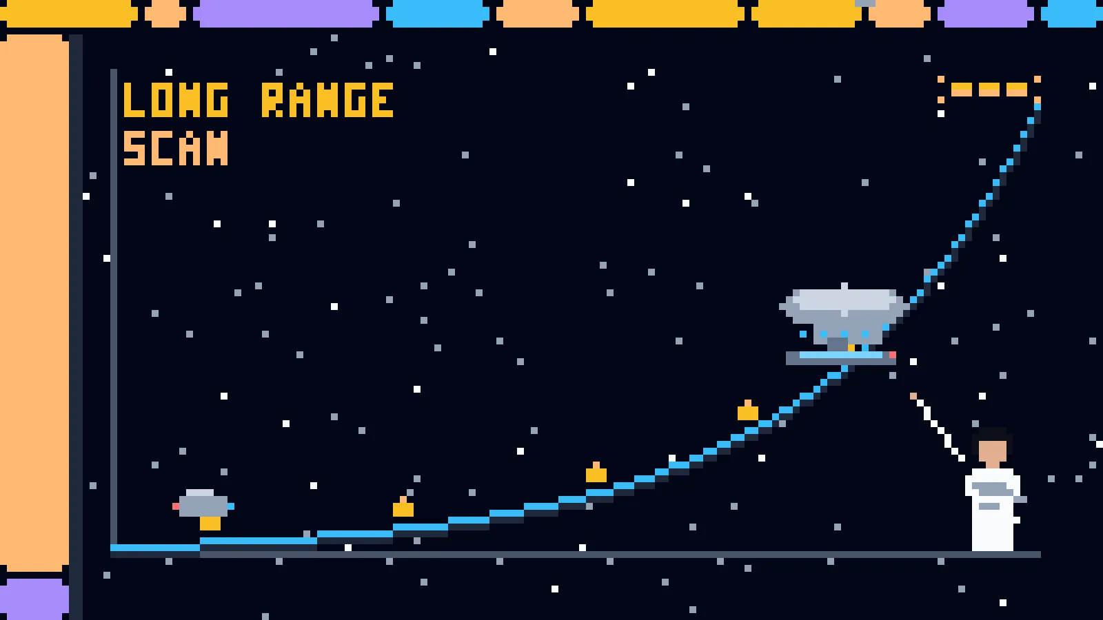 An 8-bit long-range sensor display: a rising pixel curve across a starfield, a tiny shuttle near its start and the starship at its current point, a figure in white robes pointing along the curve toward an amber blank where it leaves the screen.