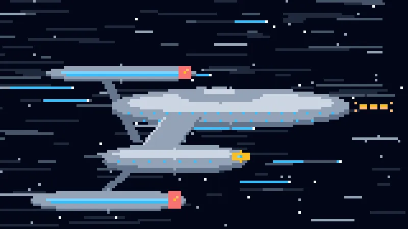 A pixel-art starship at warp, stars streaking past, a glowing blank ahead of the bow