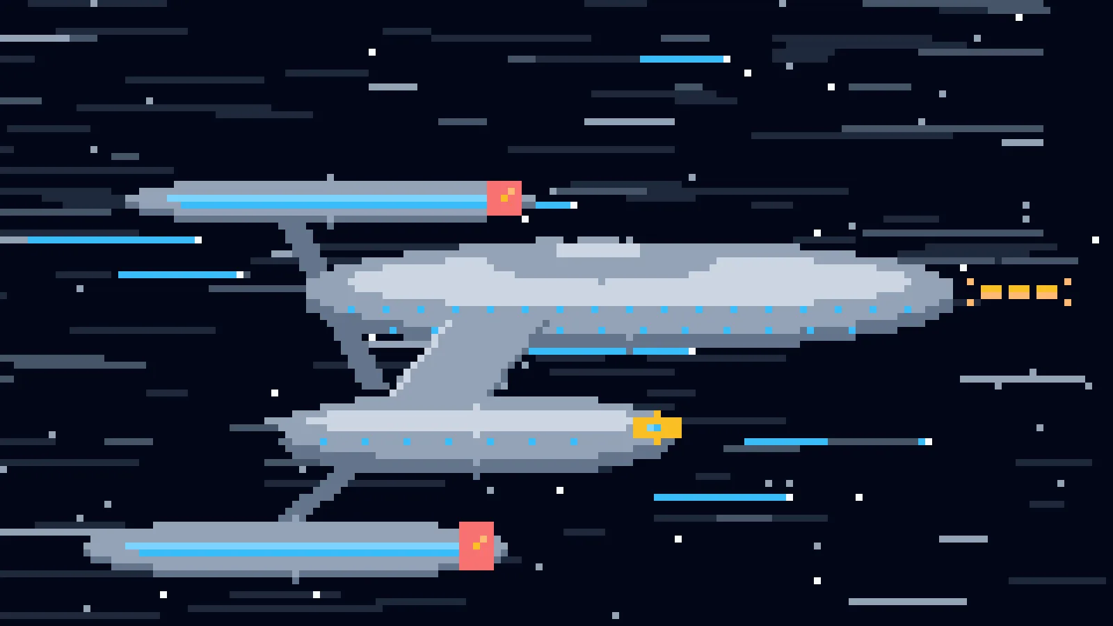 A pixel-art starship at warp, seen from above and behind, stars streaking past its glowing nacelles. Ahead of the bow, a small amber blank waits to be filled in.